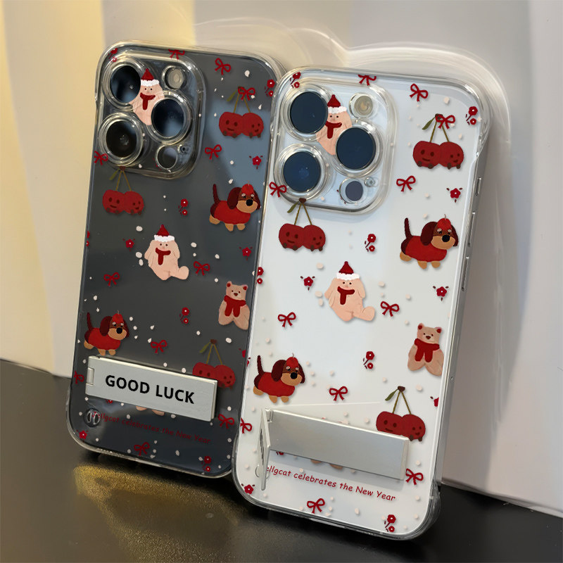 iPhone13高级感可爱OPPORENO15C硬16plus手机壳卡通樱桃小狗带支架苹果14无边框17ProMax适用超薄OPPOK12透明