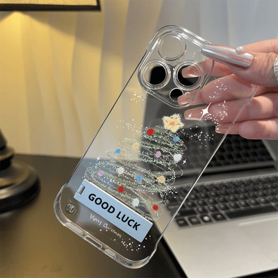 星星圣诞树无边框iPhone16手机壳带支架Y300适用S20透明14ProMax超薄RENO13高级感NOVA12苹果15Plus硬ins风女