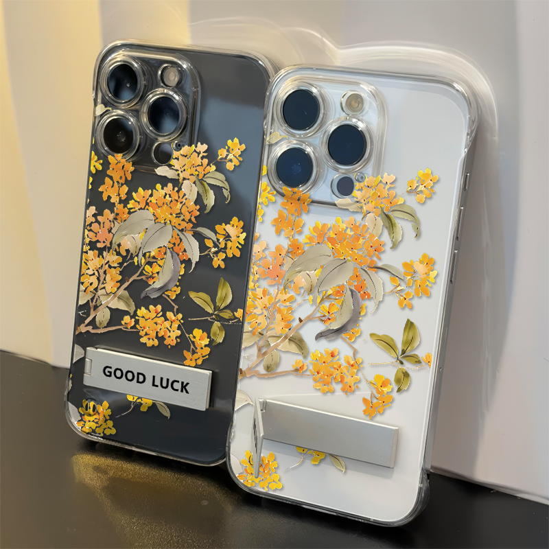 苹果13透明硬ins风15高级感iPhone16无边框适用深秋天桂花香Reno14超薄手机壳带支架12ProMax小清新荣耀GTPRO