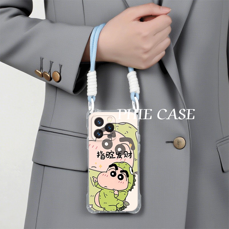 指腚发财小新适用iPhone17四角开孔13透明红米k90ProMax可爱x200s苹果16斜挎手腕挂绳14防摔15plus手机壳软12