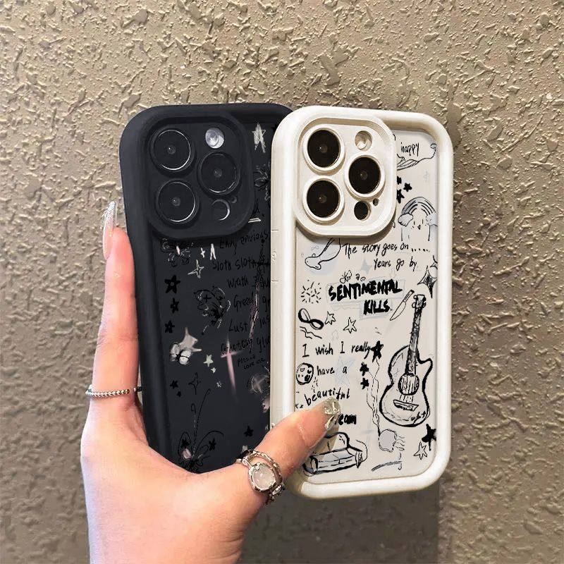 小众苹果16promax糖果手机壳软OPPOReno12插画英文吉他VIVOIQOOneo9适用创意一加12小米15华为PURA70荣耀x60i