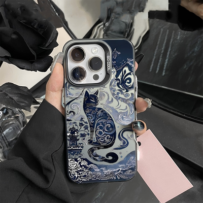 VIVOy300高级感青花猫红米note14适用OPPOFindx8新款苹果13彩银12高级感iPhone16plus手机壳硬15ProMax创意a3