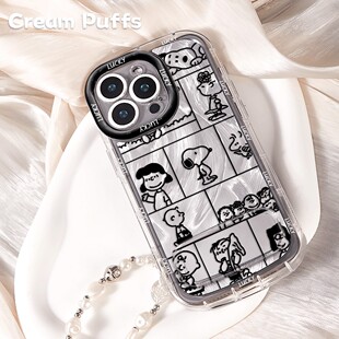 简笔史努比iPhone14p适用VIVOS50带挂绳16plus可爱红米NOTE15手机壳软苹果13镜子支架17ProMax卡通OPPOFINDX9