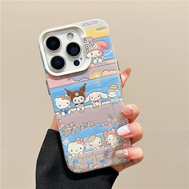 苹果17硬16ProMax适用14PLUS落日凯蒂猫iPhone15彩银华为Nova13可爱OPPOA6PRO手机壳带镜子支架12卡通荣耀500