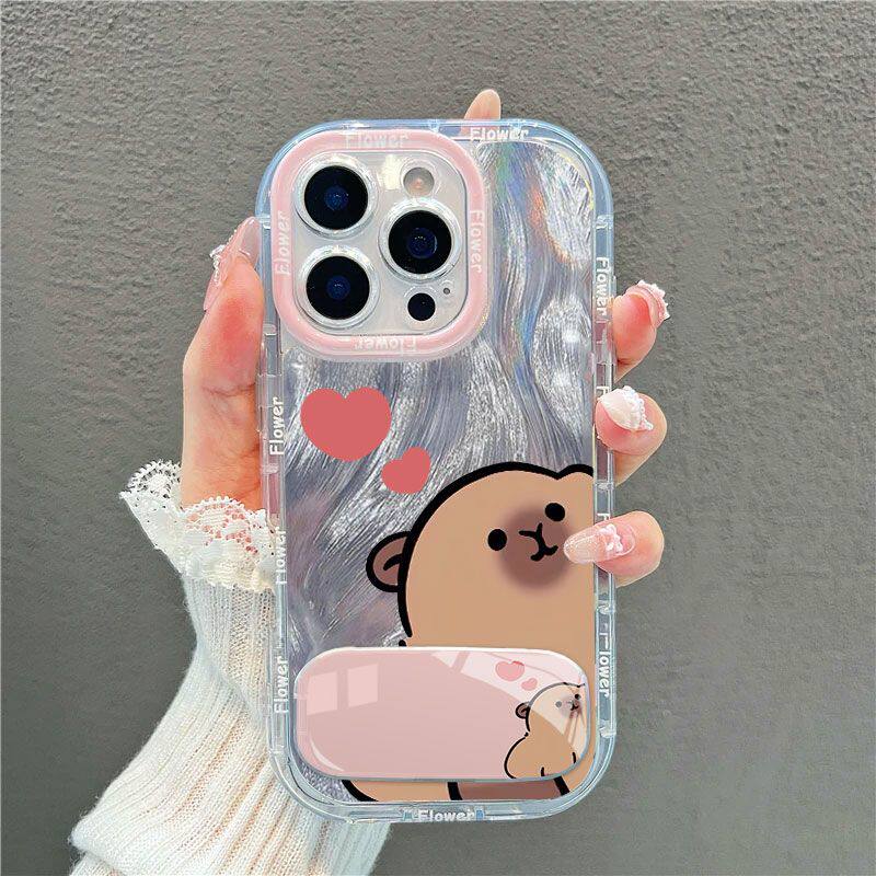 爱心卡皮巴拉iPhone15带镜子支架适用卡通12ProMax华为P80高级感手机壳16PLUS软苹果14可爱13羽纱HI畅享80PRO