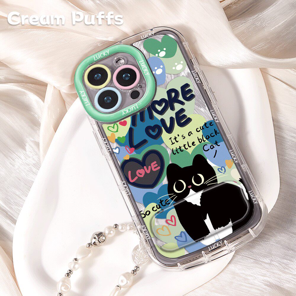 荣耀MGIC8爱心黑猫iPhone16e带挂绳15plus卡通手机壳小米17Ultra软适用苹果13p镜子支架14ProMax可爱VIVOX300