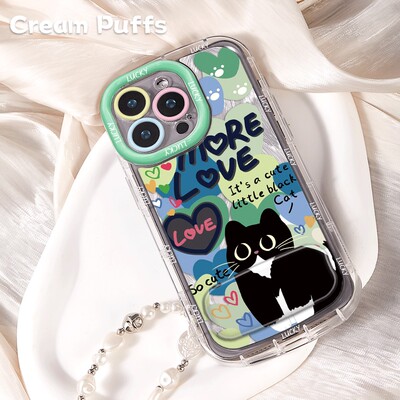 荣耀MGIC8爱心黑猫iPhone16e带挂绳15plus卡通手机壳小米17Ultra软适用苹果13p镜子支架14ProMax可爱VIVOX300