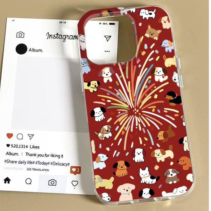 iPhone16新年红烟花爆竹狗14PLUS适用红米note15新款VIVOX300PRO苹果13大孔ins风17ProMax手机壳硬荣耀Magic8