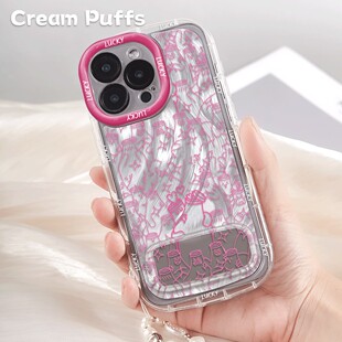 带挂绳iPhone15少女心14ProMax软羽纱泡芙16plus新款创意王源适用X200S镜子支架12真我GT8手机壳小米17苹果13