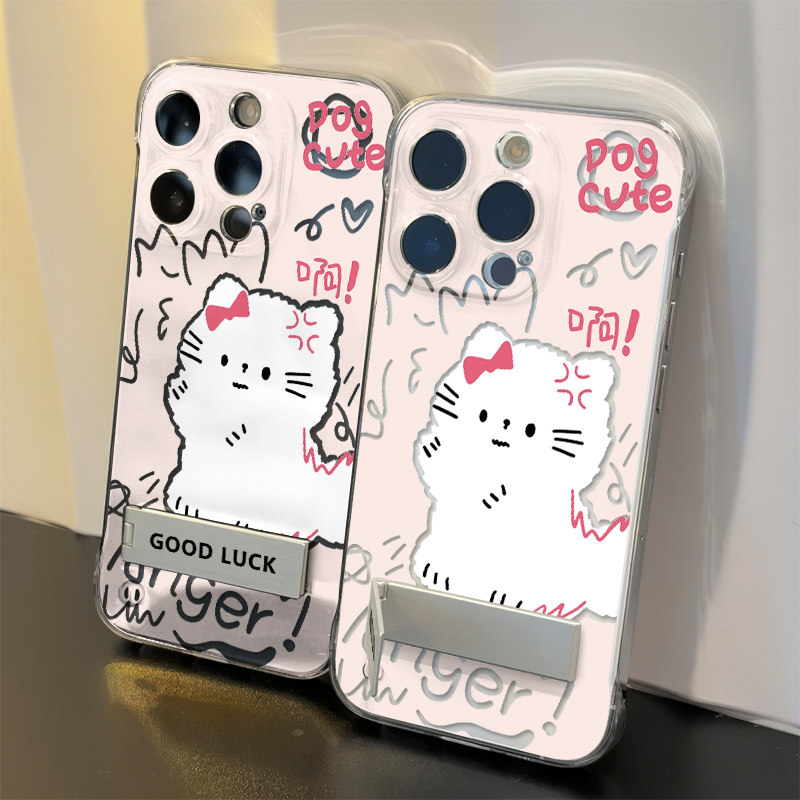 OPPORENO14透明超薄15ProMax生气小白狗无边框硬iPhone12红米TURBO4PRO高级感适用13手机壳带支架苹果16E卡通