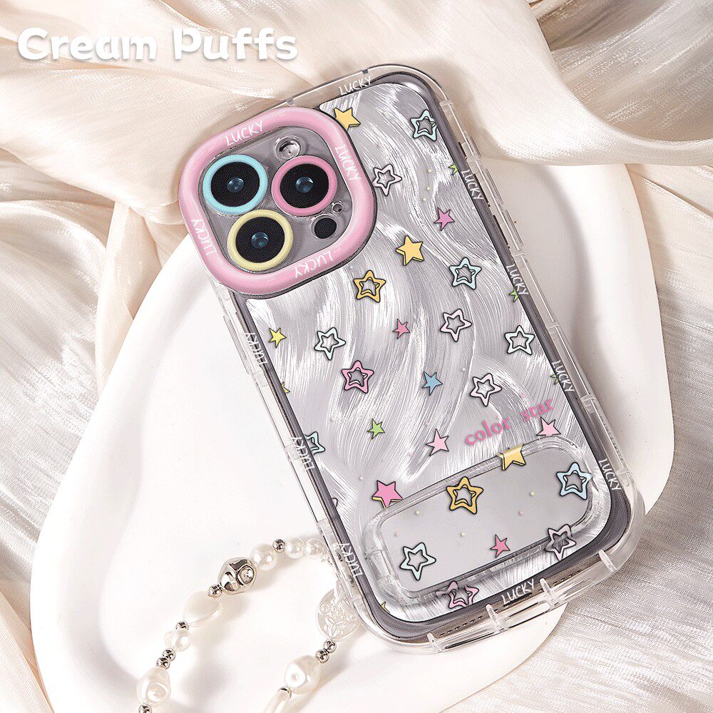 满屏五角星iPhone16适用17p带挂绳14plus高颜值OPPOA6GT手机壳软苹果13镜子支架15ProMax小众荣耀x70一加ACE6