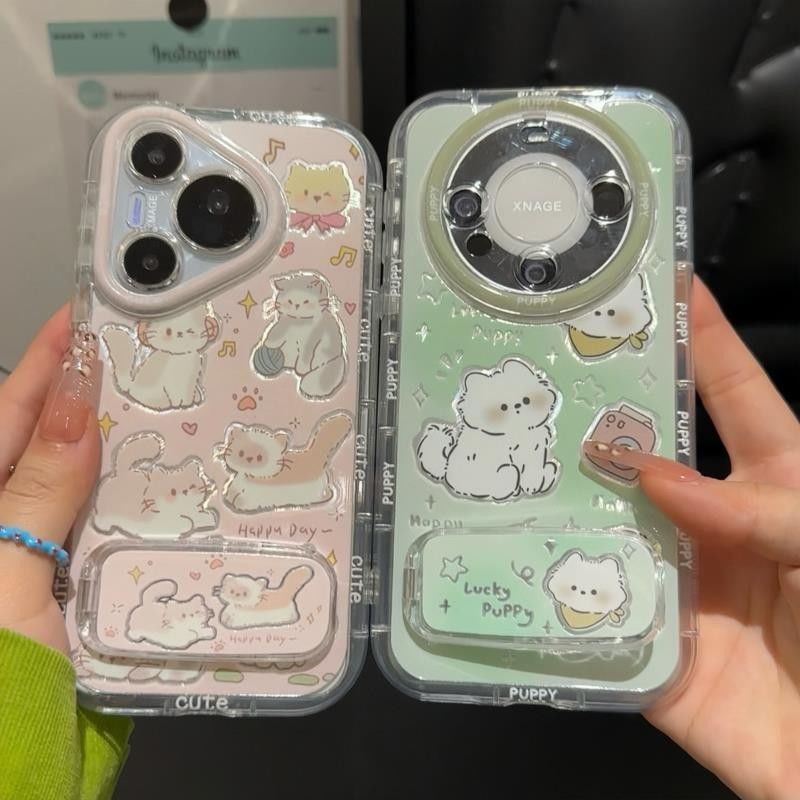 高级感适用12ProMax卡通带镜子支架苹果16可爱VIVOX200S手机壳iPhone15情侣玩耍猫咪OPPORENO14软ins风IQOO13