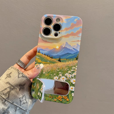 小清新12ProMax适用14落日草坪山川真我gt7pro高级感苹果16带镜子支架15plus手机壳硬iPhone13菲林荣耀MAGIC7