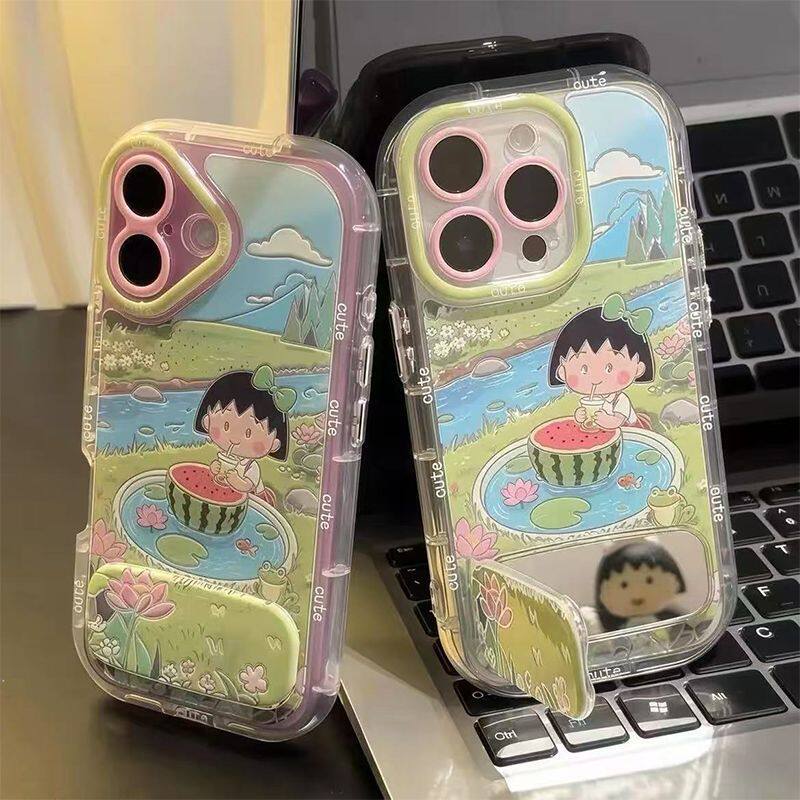 带镜子支架ins风iPhone16夏日小丸子手机壳小米15至尊卡通羽纱泡芙高级感s30适用苹果12创意Nova14软13ProMax