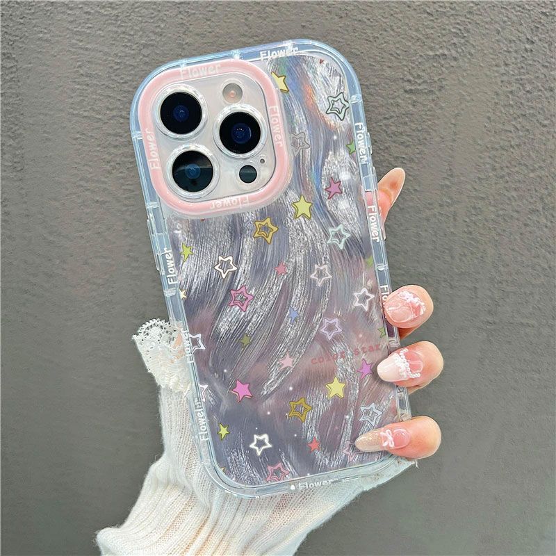 苹果14ProMax一加ACE5竞速版ins风13满屏五角星带镜子支架iPhone15手机壳软16PLUS高级感羽纱泡芙X200S适用12