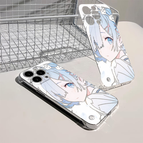 小米苹果15适用16蕾姆蓝超薄透明硬OPPO14promax二次元无边框13华为iPhone12手机壳带支架VIVOs19荣耀200卡通