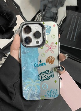 苹果16手机壳硬iPhone13小清新红米note15彩银14plus适用OPPOReno12蓝色海洋17ProMax创意华为Pura80小众x300