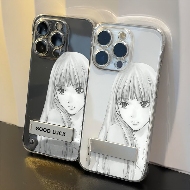 线条黑沼爽子iPhone14P高级感适用真我15硬16plus手机壳带支架苹果12无边框小米17ProMax超薄一加13T透明动漫