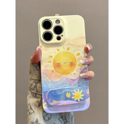 iPhone13英文笑脸太阳16小清新15plus菲林红米note14带镜子支架苹果12ProMax手机壳硬荣耀x70i创意华为Mate60