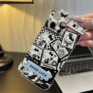 高级感红米K90ProMax硬无边框iPhone17华为Nova14适用15黑白凯蒂猫12苹果13卡通超薄16PLUS手机壳带支架x200s