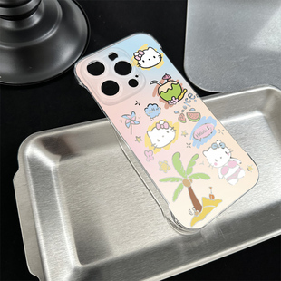 OPPOFINDX9可爱iPhone16高级感小米17硬15plus手机壳椰树kt猫带支架苹果12无边框14ProMax适用超薄13透明卡通