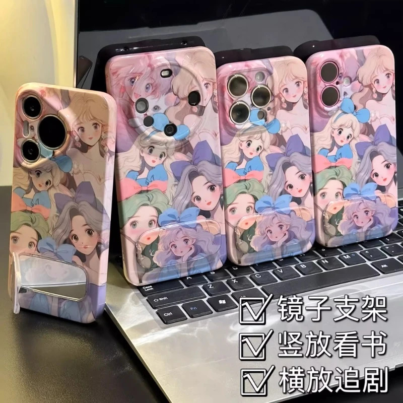 可爱在逃公主iPhone14plus带镜子支架苹果16高级感小米15菲林IQOO13卡通12ProMax手机壳硬少女心三星S25ULTRA