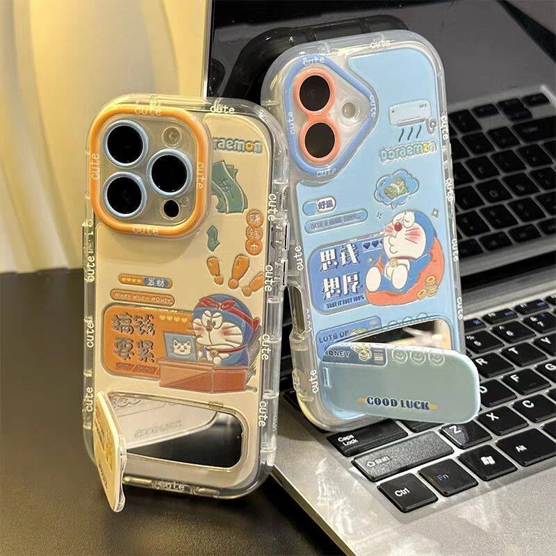 搞钱多啦a梦13ProMax高级感Pura80卡通iPhone14可爱荣耀400羽纱泡芙15带镜子支架findx8手机壳软苹果16适用12