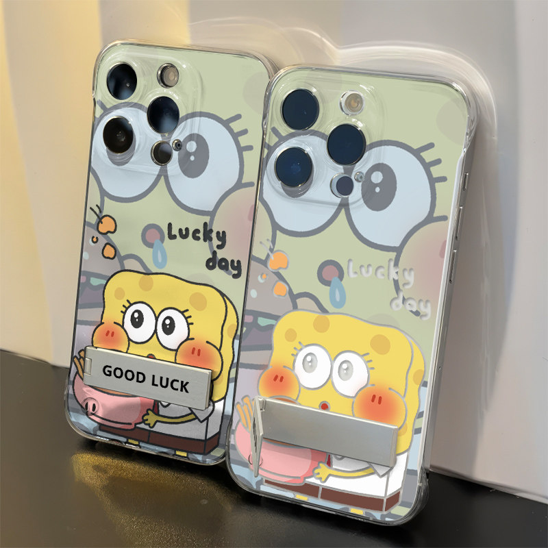 iPhone13苹果17可爱适用OPPOReno15流口水海绵宝宝手机壳带支架16超薄14PLUS高级感12ProMax无边框硬VIVOx300
