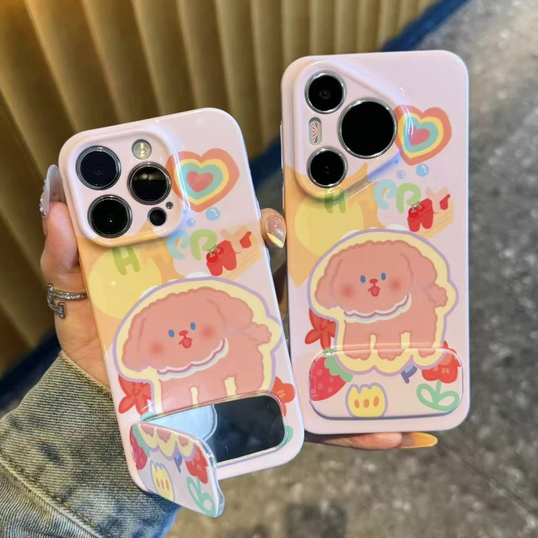 菲林手机壳iPhone12硬14PLUS爱心棕狗适用13华为Pura80高级感16ProMax可爱带镜子支架苹果15卡通三星S25ULTRA