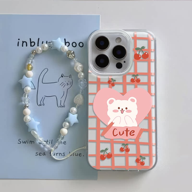 iPhone12樱桃小熊Nova13大孔15PLUS可爱苹果16硬14ProMax小米CIVI4PRO适用手机壳带挂绳ins风OPPOFINDX8ULTRA