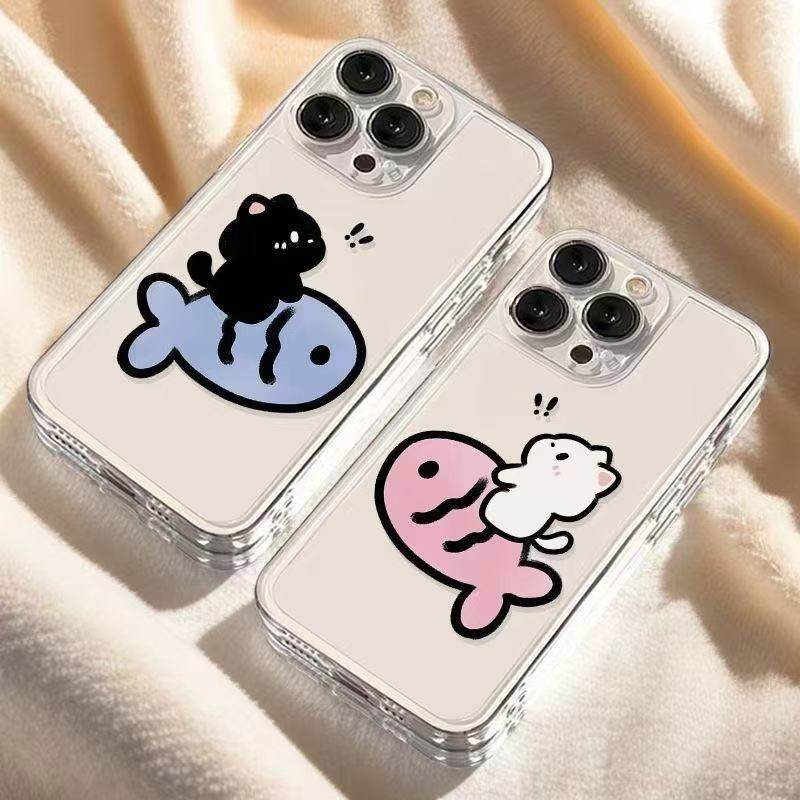 透明15PLUS适用13ProMax少女心苹果12手机壳OPPOFindX9情侣骑鱼黑白猫16软iPhone14可爱VIVOS30红米TURBO4PRO