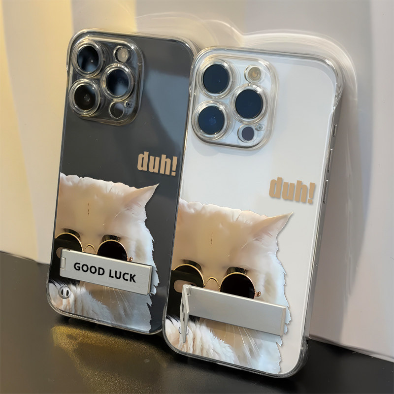OPPOFINDX8S手机壳带支架苹果13适用自拍墨镜猫咪NOVA14ULTRA创意16超薄硬iPhone15透明12ProMax无边框高级感