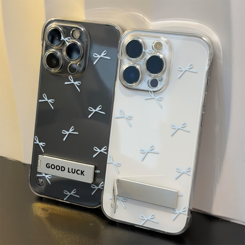 16ProMax超薄无边框一加13T透明硬苹果12荣耀X70I适用ins风iPhone15蝴蝶结蓝色OPPORENO14手机壳带支架高级感