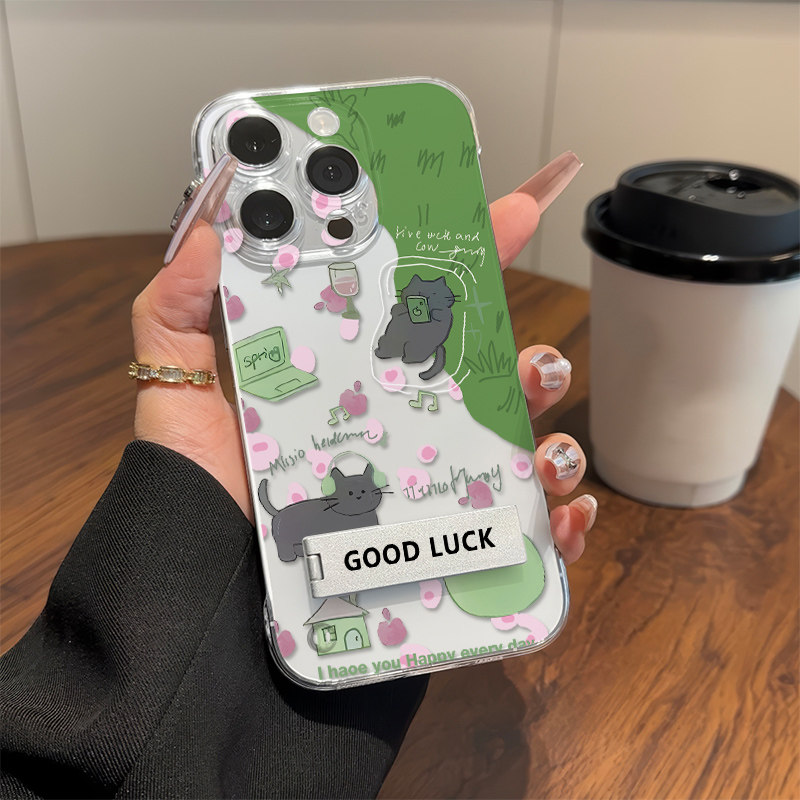 iPhone15透明华为NOVA14手机壳带支架苹果13高级感12ProMax适用硬花朵黑猫16plus超薄s30小清新a58无边框女款