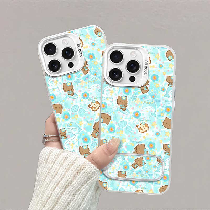 iPhone13高级感Nova12冲浪kt猫16PLUS带镜子支架苹果14创意彩银硬适用15ProMax卡通FINDX8手机壳小米CIVI5PRO