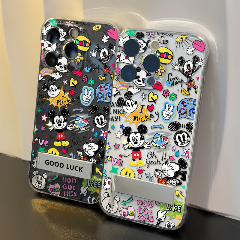 VIVOx200透明苹果15无边框13手机壳带支架12适用红米TURBO4硬16高级感iPhone14promax超薄OPPOfindx8可爱米奇