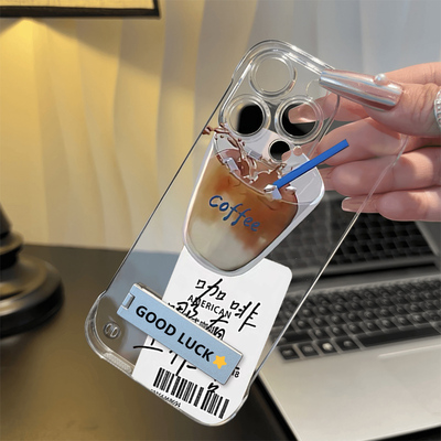 高级感苹果14pm透明硬12美式咖啡打工人无边框15promax华为适用16小米手机壳带支架VIVO荣耀iPhone13OPPO超薄