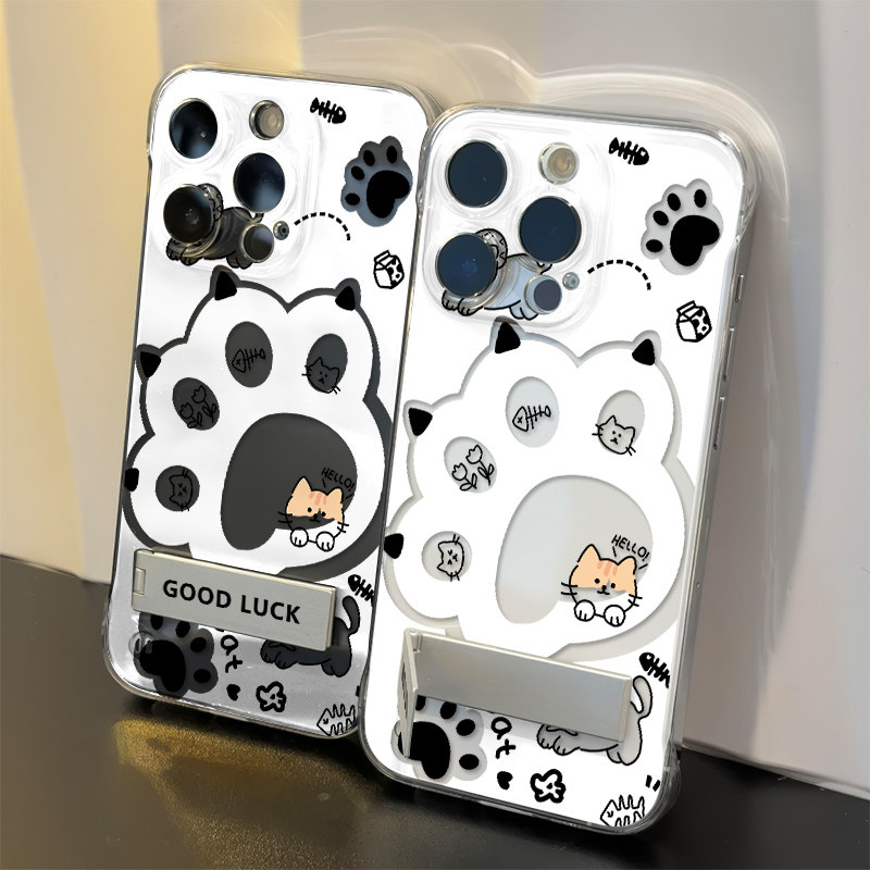 华为NOVA13高级感iPhone16超薄无边框15ProMax透明14plus手机壳带支架苹果12适用硬可爱猫咪猫爪VIVOx200女款