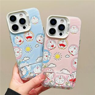 彩银硬一加13T手机壳iPhone14卡通带镜子支架16plus太阳叮当猫12ProMax小米CIVI5PRO可爱适用苹果15荣耀POWER