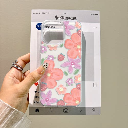 手机壳带挂绳iPhone13小米14适用ins风油画花朵草莓16ProMax小众OPPOFINDX8ULTRA苹果15华为Nova12创意大孔硬