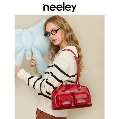 neeley真皮波士顿包女单肩腋下包红色婚包新娘包保龄球包2025新款
