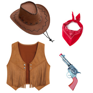 西部牛仔主题服装儿童美式复古风棕色流苏马甲成人牛仔很忙演出服