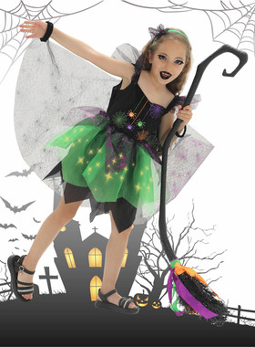 万圣节儿童服装cosplay女巫师魔法巫婆服绿色蜘蛛裙角色扮演出服