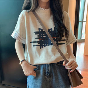 夏短袖 網(wǎng)紅ins潮正肩t恤女2024新款 純棉寬松假兩件設(shè)計感小眾上衣