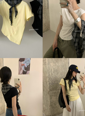 MZI STUDIO-感韩系气质不规则设计感净色短袖T恤(配丝巾)A10175#