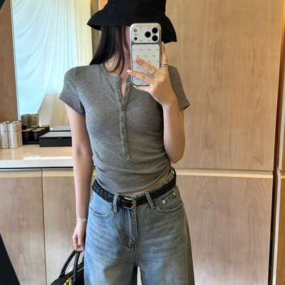 KAPOK-销量1W+原创韩系正肩百搭修身半开扣短袖T恤26103