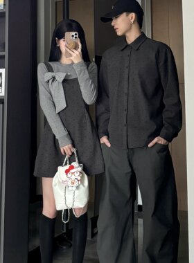 韩版小众设计感蝴蝶结假两件灰色波点连衣裙