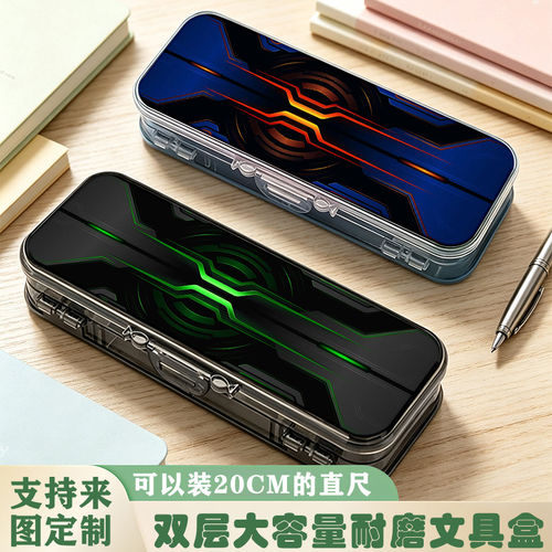 未来科技感学生双层分区收纳亚克力文具盒分隔尺可拆卸diy铅笔盒
