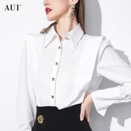 AUI白色御姐气质POLO领衬衫女2025秋新款设计感小众短款长袖上衣