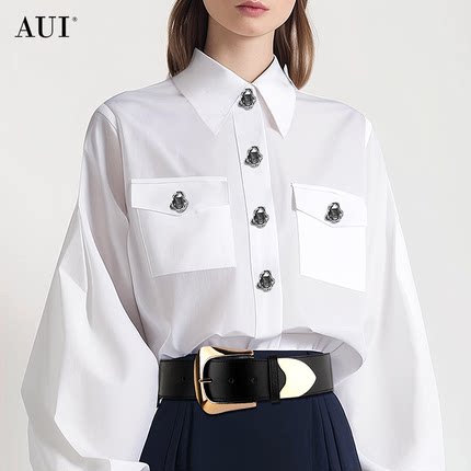 AUI白色设计感工装职业衬衫女2025秋季新款高端气质衬衣小众上衣